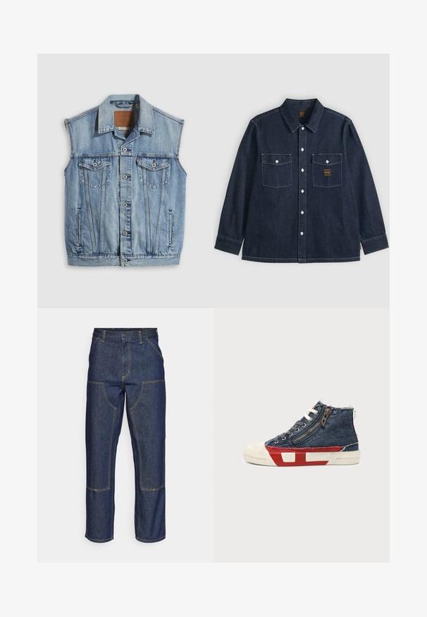 Denimvest in lichtblauw met een puntige kraag, knoopsluiting aan de voorkant, twee borstzakken en zijzakken; voorzien van een lederen merkpatch.; Donkerblauw denim overhemd met lange mouwen, knoopsluiting aan de voorkant, twee borstzakken met knoopklepjes en zichtbare witte stiksels.; Donkerblauwe denim jeans met een hoge taille, rechte pijpen, contrasterende stiksels en opgestikte zakken aan de voorkant.; High-top sneaker met blauwe denimstof, witte veters, zijrits en rood-wit zoolontwerp op een effen achtergrond.