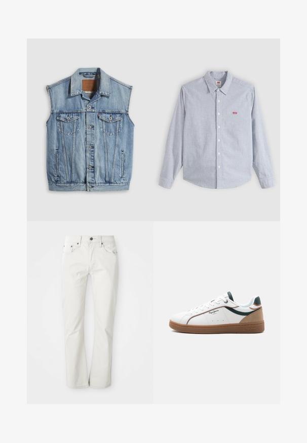 Jeansweste in Hellblau mit spitzem Kragen, vorderer Knopfleiste, zwei Brusttaschen und Seitentaschen; mit Leder-Branding-Patch versehen.; Langärmeliges, hellblau-weiß gestreiftes Hemd mit Knopfleiste, Kragen und kleinem rotem Levi's-Logo auf der linken Brust.; Helle Jeans aus Baumwollmischung. Gerades Bein-Design mit Fünf-Taschen-Stil und Metallknopfverschluss. Glatte Textur.; Weißer Sneaker mit niedriger Schafthöhe, brauner Sohle, grünen und beigen Akzenten, weißen Schnürsenkeln und dem Logo "Pepe Jeans London" an der Seite.