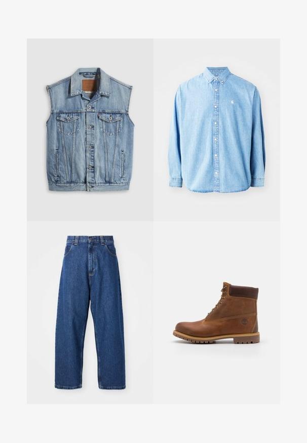 Jeansweste in Hellblau mit spitzem Kragen, vorderer Knopfleiste, zwei Brusttaschen und Seitentaschen; mit Leder-Branding-Patch versehen.; Hellblaue Jeanshemd mit langen Ärmeln, spitzem Kragen und kleinem Logo auf der linken Brust. Hat eine lockere Passform und ein klassisches Design.; Weite Jeans aus Denim in Dunkelblau. Hohe Taille, Gürtelschlaufen und klassisches Fünf-Taschen-Design. Gestickter Saum mit sauberem Finish.; Braune Lederwanderschuhe mit glatter Oberfläche, gepolstertem Knöchel, Metallösen und einer Gummisohle mit robustem Profil.