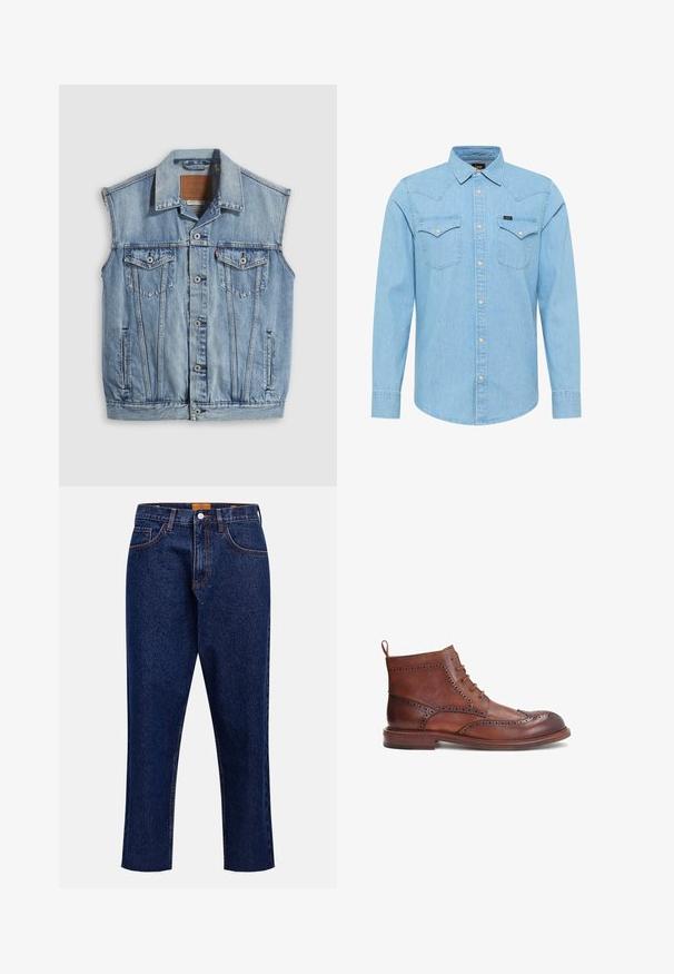 Denimvest i lyseblå med spidse krave, knapper foran, to brystlommer og sidelommer; har et lædermærke med mærket.; Lyseblå denimskjorte med lange ærmer, knaplukning, to brystlommer med knapper, spids krave og lille Lee-logo på venstre lomme.; Mørkeblå denimjeans med lige snit, høj talje, fem lommer og frynset kant. Kontrastsyning og detalje med knaplukning.; Brune læderstøvle med dekorative brogue-detaljer, rund tå, snøredesign og lav stak heel. Inkluderer en bageste pull-tab.