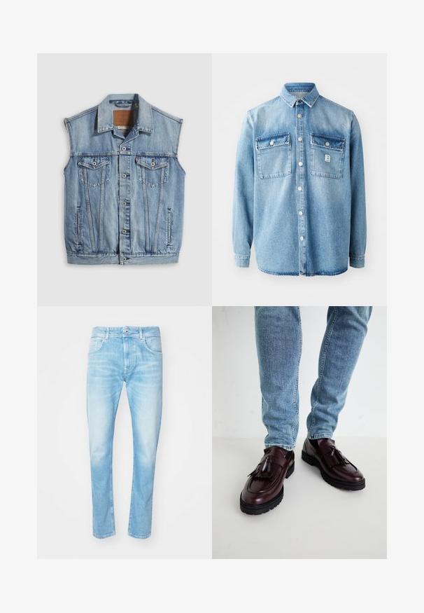 Denimvest i lyseblå med spidse krave, knapper foran, to brystlommer og sidelommer; har et lædermærke med mærket.; Lys blå denimskjorte med lange ærmer, spidse krave, to brystlommer og frontknaplukning. Har en subtil stoftekstur og syningsdetaljer.; Lyseblå denim jeans med lige skæring, udstyret med to forlommer og knaplukning. Blegnet udseende med subtil tekstur.; Bordeaux læder loafers med kvaster og en tekstureret overdel, parret med lyseblå denimjeans. Sort gummisål synlig.