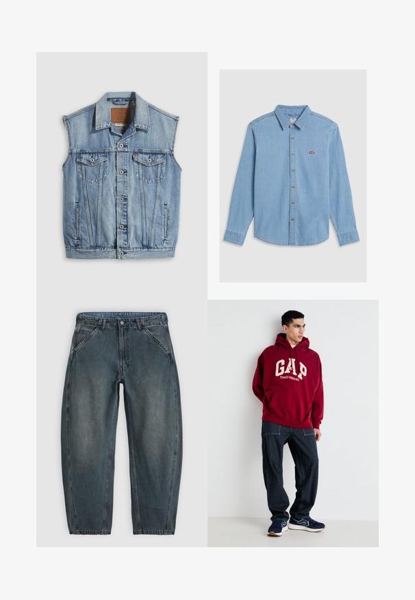 Jeansweste in Hellblau mit spitzem Kragen, vorderer Knopfleiste, zwei Brusttaschen und Seitentaschen; mit Leder-Branding-Patch versehen.; Hellblaues Denim-Shirt mit langen Ärmeln, Knopfleiste und spitzem Kragen. Verfügt über braune Knöpfe und ein kleines rotes Logo-Patch.; Highwaist dunkelgraue Jeans aus Denim mit schrägen Vordertaschen, Knopfverschluss, Gürtelschlaufen und leicht zulaufenden Beinen.; Bordeauxfarbener Kapuzenpullover mit "GAP" und "TIMES SQUARE" in Creme aufgedruckt, kombiniert mit navyblauen gestreiften Hosen und navyblauen Sneakern mit weißen Akzenten.
