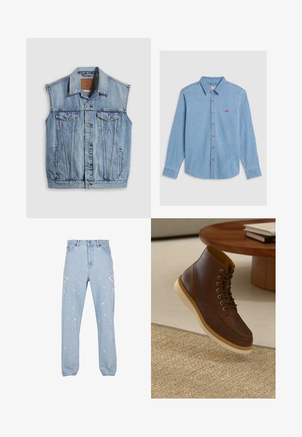Chaleco vaquero en azul claro con cuello puntiagudo, cierre frontal con botones, dos bolsillos en el pecho y bolsillos laterales; cuenta con una etiqueta de cuero con la marca.; Camisa de mezclilla azul claro con mangas largas, cierre de botones en el frente y cuello puntiagudo. Presenta botones marrones y un pequeño parche de logo rojo.; Jeans de mezclilla azul claro con un ajuste relajado, que cuentan con recortes en forma de estrella, manchas de pintura y un diseño clásico de cinco bolsillos.; Botín de cuero marrón con suela beige sobre una alfombra beige texturizada al lado de una mesa redonda de madera con libros apilados.