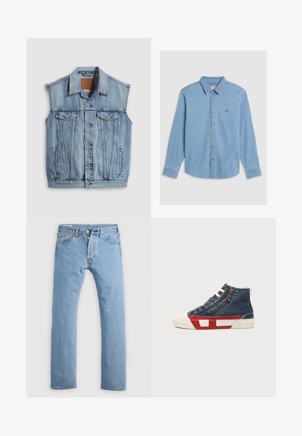 Veste en jean bleu clair avec col pointu, fermeture avant par boutons, deux poches poitrine et poches latérales ; comporte un écusson de marque en cuir.; Chemise en denim bleu clair à manches longues, avec boutonnage à l'avant et col pointu. Présente des boutons marron et un petit patch logo rouge.; Jean en denim droit bleu clair avec fermeture à boutons, passants de ceinture, et poches avant et arrière, présenté sur un fond blanc.; Baskets montantes en tissu denim bleu, lacets blancs, fermeture éclair latérale et semelle rouge et blanche sur fond uni.