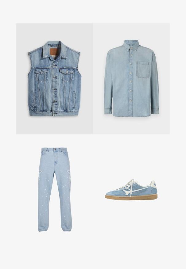 Denimvest in lichtblauw met een puntige kraag, knoopsluiting aan de voorkant, twee borstzakken en zijzakken; voorzien van een lederen merkpatch.; Lichtblauwe denim shirt met lange mouwen, een knoopsluiting aan de voorkant en een enkele borstzak. Het heeft een klassieke kraag en standaard manchetten.; Lichtblauwe denim jeans met een relaxte pasvorm, voorzien van stervormige uitsparingen, verfspetters en een klassieke vijf-pocket ontwerp.; Lichtblauwe en witte lage sneaker met mesh en suède bovenwerk, witte veters en een gum rubberen zool.