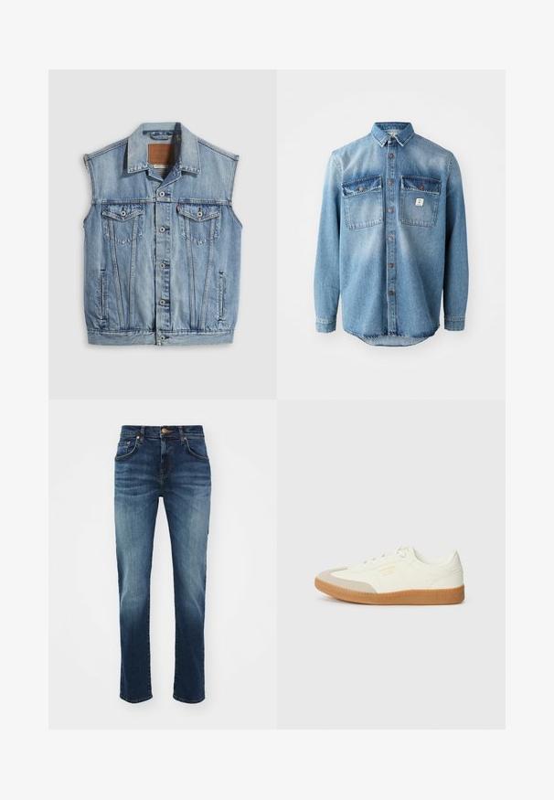 Veste en jean bleu clair avec col pointu, fermeture avant par boutons, deux poches poitrine et poches latérales ; comporte un écusson de marque en cuir.; Chemise en denim bleu clair à manches longues, avec deux poches sur la poitrine, fermeture à boutons à l'avant et des dessus de poche plus foncés en contraste. Présente un ourlet arrondi.; Jean en denim bleu foncé avec une légère décoloration, design à cinq poches, fermeture à boutons, coupe droite, et ourlet renforcé.; Baskets en cuir blanc avec une coque beige et une semelle en caoutchouc marron clair. Dotées de lacets blancs plats et d'un logo embossé sur le côté.
