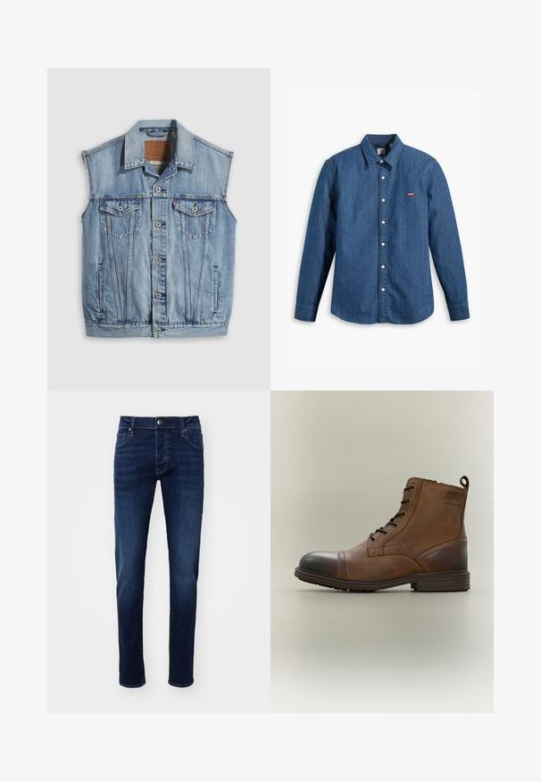 Veste en jean bleu clair avec col pointu, fermeture avant par boutons, deux poches poitrine et poches latérales ; comporte un écusson de marque en cuir.; Chemise en denim bleu foncé à manches longues, avec col et fermeture à boutons. Présente un petit logo rouge Levi's sur la poitrine. Texture lisse.; Jeans en denim slim-fit bleu foncé avec bouton avant, poches, passants de ceinture et détails de décoloration subtils sur les jambes.; Botte cheville en cuir marron à lacets avec bout noir, semelle ronde et détail de marque sur le côté sur fond uni.