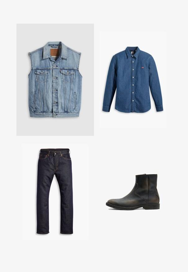 Denimvest in lichtblauw met een puntige kraag, knoopsluiting aan de voorkant, twee borstzakken en zijzakken; voorzien van een lederen merkpatch.; Donkerblauwe spijkerblouse met lange mouwen, kraag en knoopsluiting. Beschikt over een klein rood Levi's-logo op de borst. Glad materiaal.; Donkerblauwe recht gesneden denim jeans met vijf zakken en oranje contrasterende stiknaden, plat gelegd op een witte achtergrond.; AllSaints LANG - Lage laarzen - brown