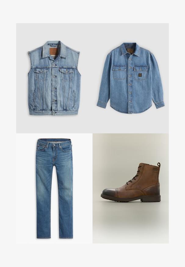 Jeansweste in Hellblau mit spitzem Kragen, vorderer Knopfleiste, zwei Brusttaschen und Seitentaschen; mit Leder-Branding-Patch versehen.; Blaues Jeanshemd mit Knöpfen, langen Ärmeln und zwei Brusttaschen, eine davon mit einem kleinen schwarzen und goldenen Aufnäher.; Blaue gerade geschnittene Jeans mit Knopf- und Reißverschluss vorne, Fünf-Taschen-Design und dezenten Ausbleichungen an Oberschenkeln und Knien.; Brauner Leder-Schnürstiefel bis zum Knöchel mit schwarzer Zehenkappe, runder Sohle und Markenlabel an der Seite vor schlichtem Hintergrund.
