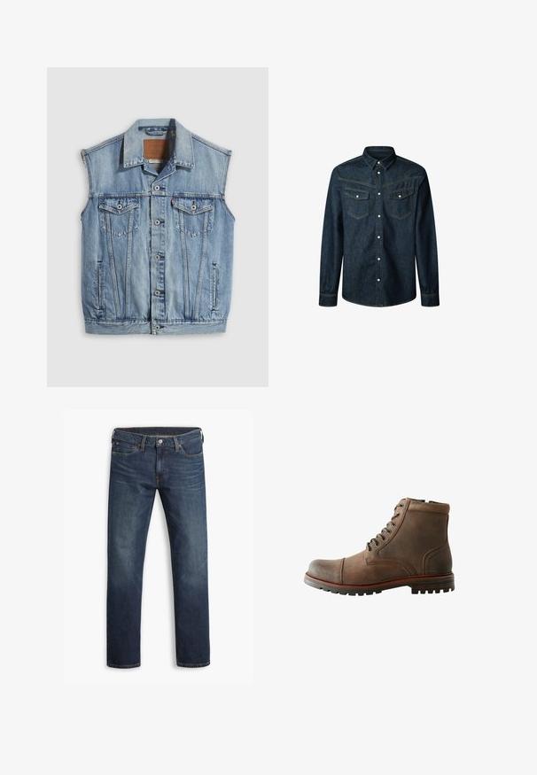 Jeansweste in Hellblau mit spitzem Kragen, vorderer Knopfleiste, zwei Brusttaschen und Seitentaschen; mit Leder-Branding-Patch versehen.; Dunkelblaue Jeanshemd mit langen Ärmeln, spitzem Kragen, zwei Fronttaschen, weißen Knöpfen und kontrastierendem gelben Nähten.; Dunkelblaue Herren-Jeans mit geradem Bein, fünf Taschen und Knopfverschluss, flach auf weißem Hintergrund gezeigt.; Braune Lederknöchelstiefel mit abgerundeter Spitze, gepolstertem Kragen, Schnürung mit sechs Ösen und strukturiertem Gummisohle. Genähte Akzente an den Seiten.