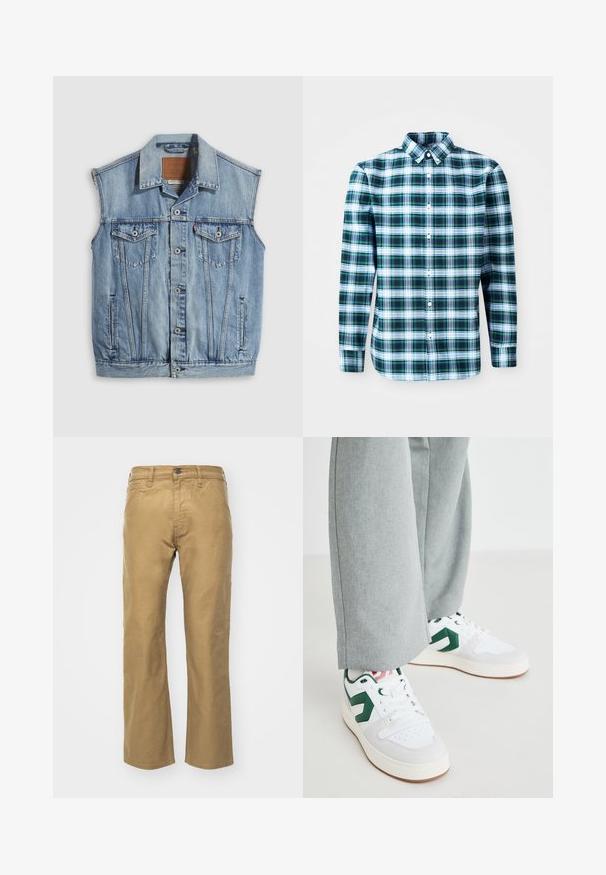 Jeansweste in Hellblau mit spitzem Kragen, vorderer Knopfleiste, zwei Brusttaschen und Seitentaschen; mit Leder-Branding-Patch versehen.; Grün-weiße karierte Langarmbluse mit klassischem Kragen und Knöpfen an der Vorderseite. Aus leichtem Stoff gefertigt, mit einem strukturierten Design.; Khakihosen aus Baumwolle. Gerader Schnitt mit einem Bund und Fronttaschen. Verfügt über eine einzelne Gesäßtasche und subtile Nähdetails.; Weiße und grüne Sneakers aus glattem Leder und Wildleder, mit einem auffälligen grünen Logo-Akzent und weißen Schnürsenkeln. Graue Hosen sind teilweise sichtbar.