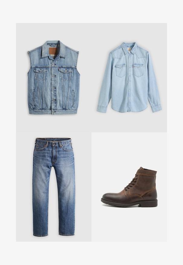 Denimvest in lichtblauw met een puntige kraag, knoopsluiting aan de voorkant, twee borstzakken en zijzakken; voorzien van een lederen merkpatch.; Lichtblauw denim overhemd met lange mouwen, knoopsluiting aan de voorkant, twee borstzakken met knoopklep en een puntige kraag op een effen achtergrond.; Rechtemodel blauwe denim jeans met een knoop- en ritssluiting, vijf zakken en oranje stiksels op een lichtgrijze achtergrond.; Jack & Jones JFWDELANEY BOOT - Veterboots - cognac