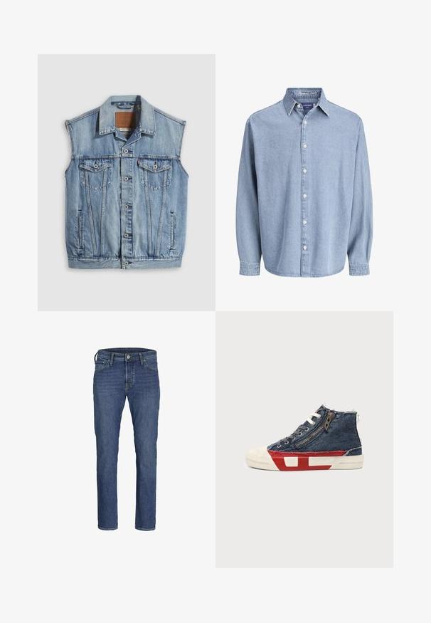 Denimvest in lichtblauw met een puntige kraag, knoopsluiting aan de voorkant, twee borstzakken en zijzakken; voorzien van een lederen merkpatch.; Lichtblauwe denim lange mouw knoophemd met kraag en witte knopen, weergegeven tegen een effen witte achtergrond.; Blauwe denim jeans voor heren met een recht model, vijf-pocketstijl en een klassieke knoop- en ritssluiting.; High-top sneaker met blauwe denimstof, witte veters, zijrits en rood-wit zoolontwerp op een effen achtergrond.
