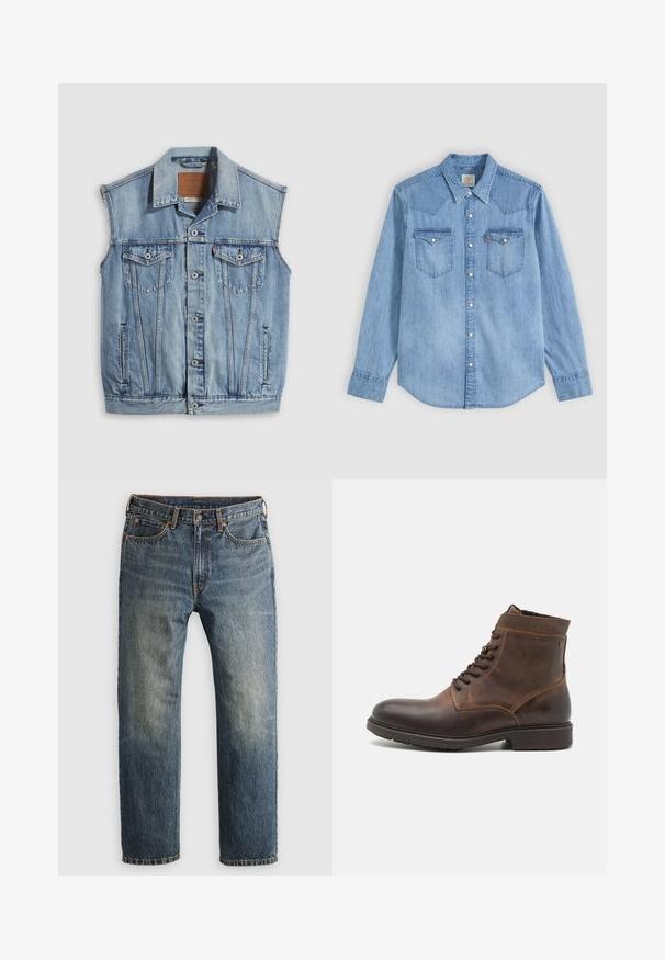 Denimvest i lyseblå med spidse krave, knapper foran, to brystlommer og sidelommer; har et lædermærke med mærket.; Lyseblå denim langærmet skjorte med spids krave, to brystlommer med klapper og hvide trykknapper foran.; Blå, falmede lige ben denim jeans med forlommer, bæltestropper, knap og lynlås lukning på en lys baggrund.; Jack & Jones JFWDELANEY BOOT - Snørestøvletter - cognac