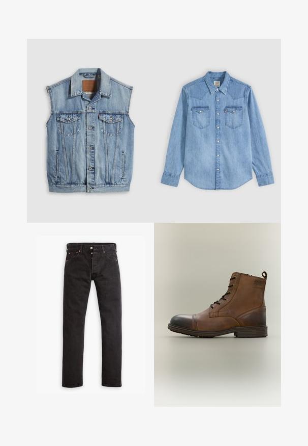 Jeansweste in Hellblau mit spitzem Kragen, vorderer Knopfleiste, zwei Brusttaschen und Seitentaschen; mit Leder-Branding-Patch versehen.; Hellblaues Jeanshemd mit langen Ärmeln, spitzem Kragen, zwei Brusttaschen mit Klappen und weißen Druckknöpfen vorne.; Schwarze Slim-Fit-Jeans mit Knopfverschluss, fünf Taschen und kupferfarbenen Nieten flach auf einem weißen Hintergrund ausgelegt.; Brauner Leder-Schnürstiefel bis zum Knöchel mit schwarzer Zehenkappe, runder Sohle und Markenlabel an der Seite vor schlichtem Hintergrund.