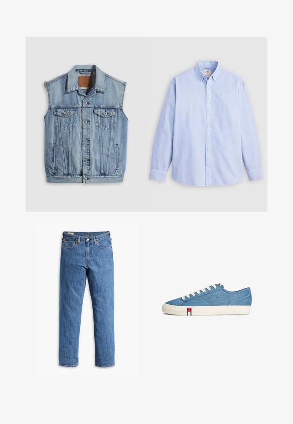 Denimvest i lyseblå med spidse krave, knapper foran, to brystlommer og sidelommer; har et lædermærke med mærket.; Lyseblå langærmet skjorte med knapper lavet af bomuld, der har en klassisk krave og diskret broderet logo på venstre bryst.; Blå denimjeans med lige ben, kobbernitter og fem-lomme design. Har en syet kant og et klassisk taljebånd med bæltestropper.; Lavskoet sneaker med blå denimoverdel, hvide snørebånd, cremefarvet gummisål og lille Tommy Jeans-logo nær sålen og tungen.