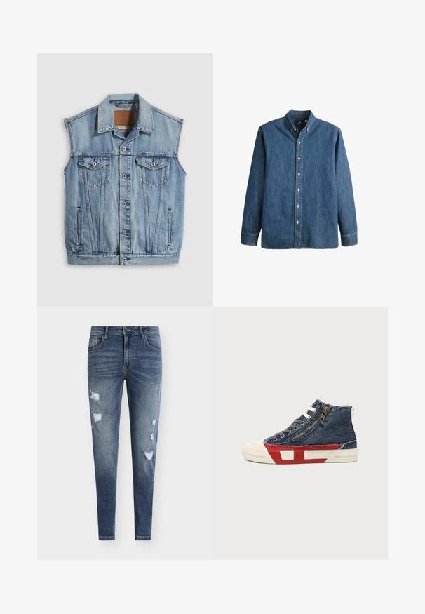 Chaleco vaquero en azul claro con cuello puntiagudo, cierre frontal con botones, dos bolsillos en el pecho y bolsillos laterales; cuenta con una etiqueta de cuero con la marca.; Camisa de mezclilla de botón en azul medio, con mangas largas, collar puntiagudo, botones blancos y un corte ajustado con un sutil bordado de logo.; Vaqueros de mezclilla azul de corte ajustado con detalles desgastados, múltiples rasgaduras y un lavado desvanecido. Cuenta con un diseño de cinco bolsillos y trabillas para cinturón.; Zapatilla deportiva de caña alta con tela vaquera azul, cordones blancos, cremallera lateral y diseño de suela en rojo y blanco sobre un fondo liso.