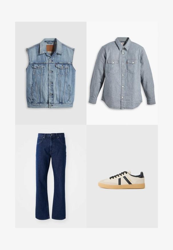 Denimvest i lyseblå med spidse krave, knapper foran, to brystlommer og sidelommer; har et lædermærke med mærket.; Blå og hvide stribede langærmede skjorte med knappelukning foran, to brystlommer, krave, blødt stof, standard pasform, klassisk design.; Mørkeblå lige ben denim jeans med knap- og lynlås-lukning, bæltestropper og forlommer på en ensfarvet baggrund.; Casual sneakers i creme med sorte striber, med en tekstureret overdel og sål i gummigummi. Snørebåndene er sorte. Diskret logo på siden.