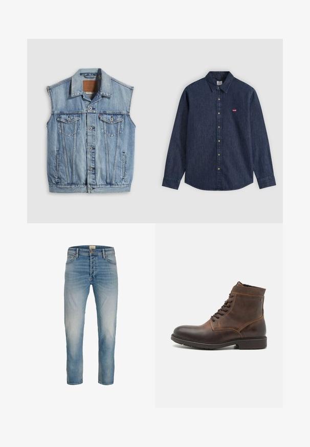 Jeansweste in Hellblau mit spitzem Kragen, vorderer Knopfleiste, zwei Brusttaschen und Seitentaschen; mit Leder-Branding-Patch versehen.; Dunkelblaues Denim-Hemd mit langen Ärmeln, Knopfleiste, spitzem Kragen und kleinem rotem Levi's-Logo auf der linken Brust.; Hellblaue verwaschene Straight-Leg-Jeans mit fünf Taschen und Knopfverschluss, frontal auf weißem Hintergrund dargestellt.; Jack & Jones JFWDELANEY BOOT - Schnürstiefelette - cognac