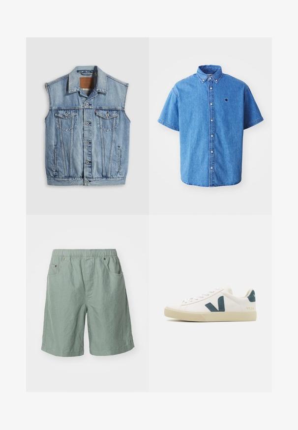 Jeansweste in Hellblau mit spitzem Kragen, vorderer Knopfleiste, zwei Brusttaschen und Seitentaschen; mit Leder-Branding-Patch versehen.; Kurze Ärmel Denim-Hemd in Hellblau mit button-down Kragen, versehen mit einem Brustlogo und auffälligen Nähten.; Hellgrüne Shorts aus strukturiertem Stoff mit elastischem Bund, ausgestattet mit zwei Seitentaschen und minimalen Stichdetails.; Weißes Ledersneaker mit einem Logo aus türkisem Wildleder, runder Zehenpartie, Schnürdesign und Gummisohle mit strukturierten Details. Markenname "VEJA" in Gold.