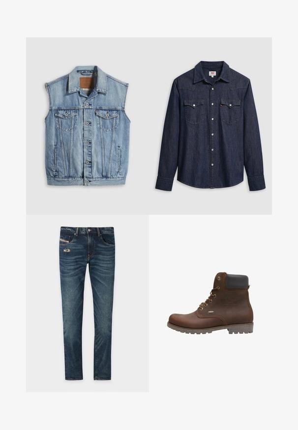 Chaleco vaquero en azul claro con cuello puntiagudo, cierre frontal con botones, dos bolsillos en el pecho y bolsillos laterales; cuenta con una etiqueta de cuero con la marca.; Camisa de mezclilla azul oscuro con cuello puntiagudo, botones a presión y bolsillos en el pecho. Cuenta con detalles de costura y mangas largas.; Jeans de denim azul oscuro con un acabado ligeramente deslavado, que presentan un detalle desgate en la parte frontal y cinco bolsillos, incluyendo un pequeño bolsillo para monedas.; Botín de cuero marrón con acentos negros, ojales metálicos, diseño de cordones, suela texturizada y detalle impermeable en el lateral.