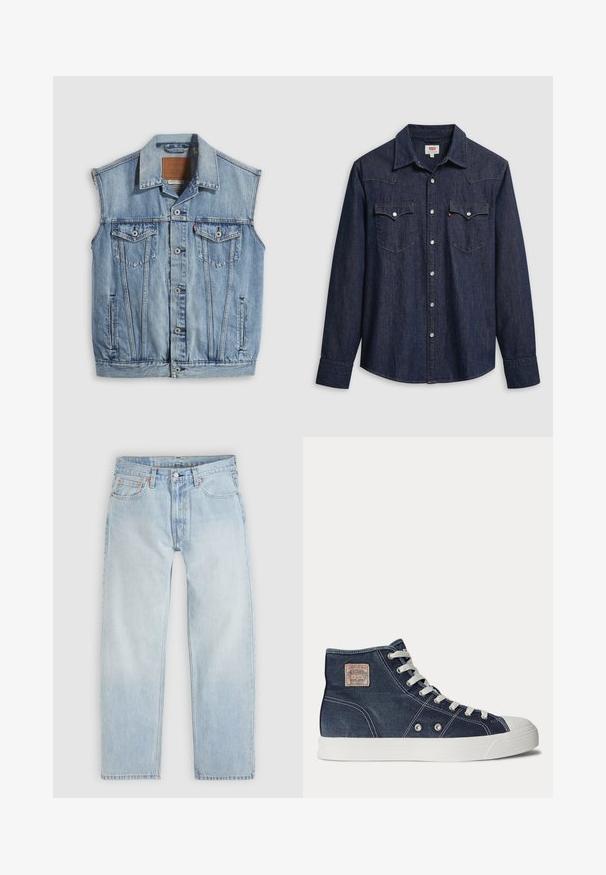 Denim vest in light blue with a pointed collar, front button closure, two chest pockets, and side pockets; features a leather brand patch.; Dark blue denim shirt with a pointed collar, snap buttons, and chest pockets. Features stitching detail and long sleeves.; Light blue denim jeans with a relaxed fit, featuring five pockets, a button closure, and subtle orange stitching details.; Navy blue high-top sneaker with white laces, white rubber sole, metal eyelets, and a small beige brand patch on the ankle area.