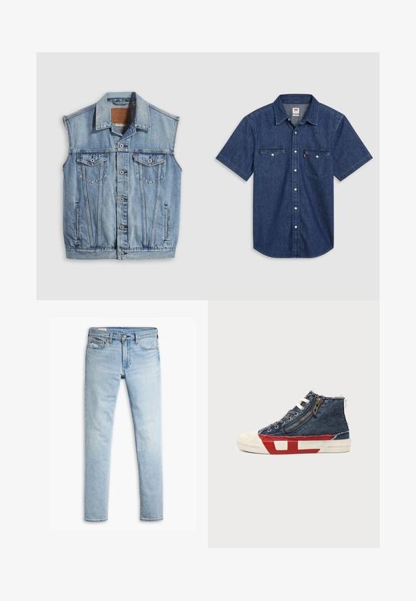 Jeansweste in Hellblau mit spitzem Kragen, vorderer Knopfleiste, zwei Brusttaschen und Seitentaschen; mit Leder-Branding-Patch versehen.; Kurzärmeliges Jeanshemd in Dunkelblau mit zwei Brusttaschen, durchgehender Knopfleiste und einem Kragen mit verstärkten Nähten.; Helle blaue, schmal geschnittene Jeans aus Denim mit Knopf- und Reißverschluss, Fronttaschen und Gürtelschlaufen auf weißem Hintergrund.; High-Top-Sneaker aus blauem Denim-Stoff, weiße Schnürsenkel, seitlicher Reißverschluss und rot-weißes Sohlen-Design auf einfarbigem Hintergrund.