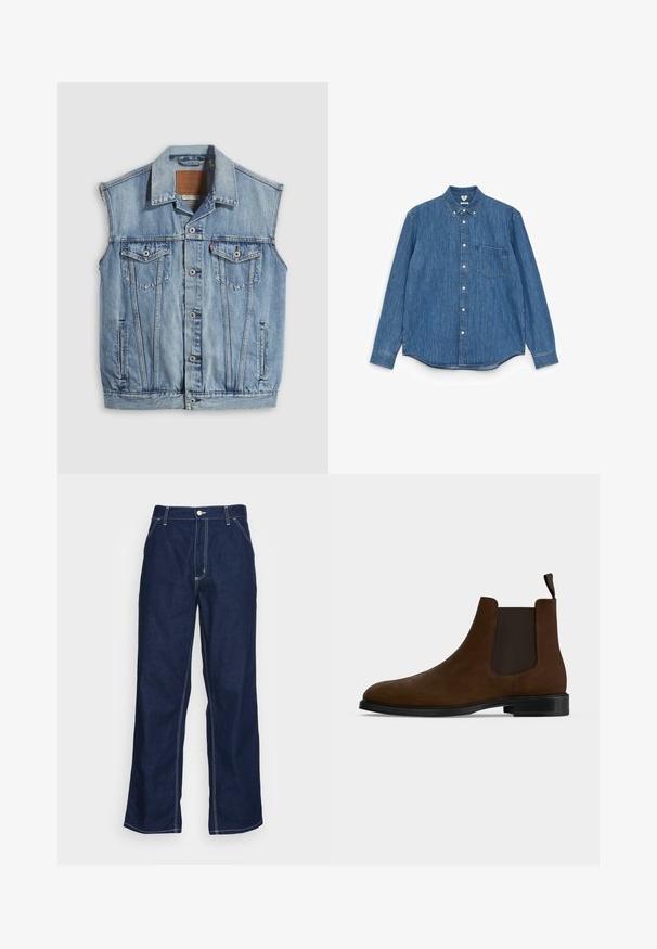 Denimvest in lichtblauw met een puntige kraag, knoopsluiting aan de voorkant, twee borstzakken en zijzakken; voorzien van een lederen merkpatch.; Blauwe denim overhemd met lange mouwen, een puntige kraag, witte knopen, één borstzak en een rechte zoom. Egaal textuur en gemiddeld gewicht.; Donkerblauwe denim broeken met wijde pijpen, met een hoge taille, voorzakken en contrasterende witte stiksels langs de naden.; Bruine suède Chelsea-boot met zwarte elastische zijkanten, zwarte rubberen zool en trekbandje aan de achterkant tegen een effen witte achtergrond.