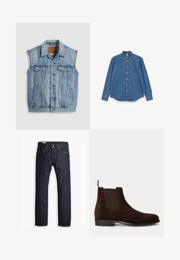 Veste en jean bleu clair avec col pointu, fermeture avant par boutons, deux poches poitrine et poches latérales ; comporte un écusson de marque en cuir.; Chemise en denim bleu à manches longues avec un col pointu, des boutons blancs, une poche poitrine unique et un ourlet droit. Texture uniforme et poids moyen.; Jean en denim bleu marine présentant une coupe droite, des coutures orange et un style à cinq poches avec une fermeture à bouton en métal.; Bottine Chelsea en daim marron foncé avec panneau latéral élastique, languette à l'arrière, talon bas et bout arrondi sur fond blanc.