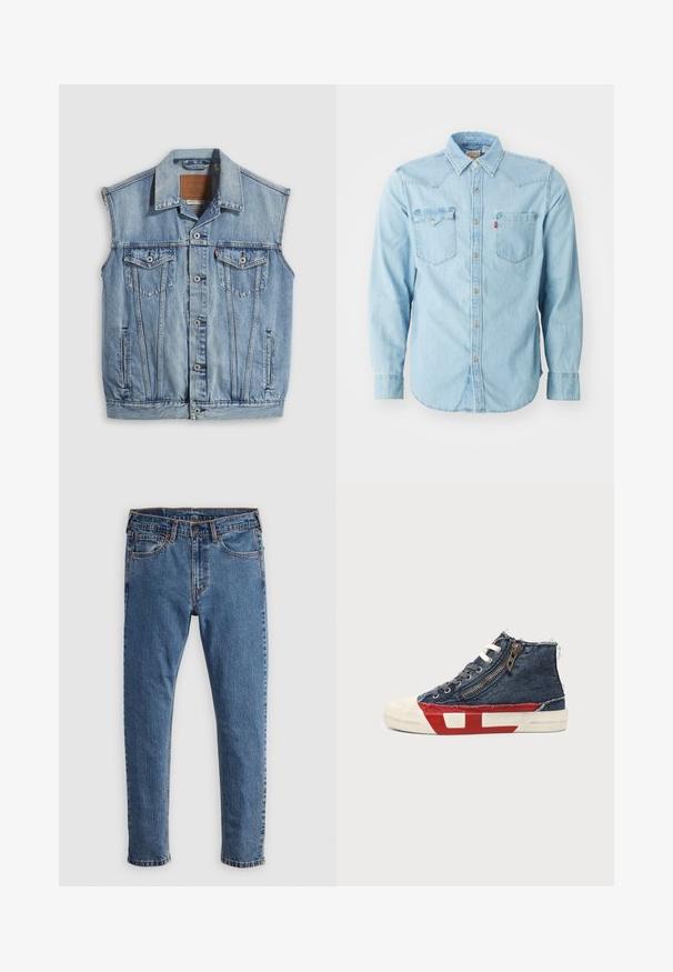 Chaleco vaquero en azul claro con cuello puntiagudo, cierre frontal con botones, dos bolsillos en el pecho y bolsillos laterales; cuenta con una etiqueta de cuero con la marca.; Camisa de denim azul clara de manga larga con cuello puntiagudo, dos bolsillos en el pecho, botones de presión plateados y costuras en contraste. Textura suave.; Jeans de mezclilla azul con corte recto, cinco bolsillos, costuras naranjas y un cierre clásico de botón y cremallera. Textura desgastada a lo largo de las piernas.; Zapatilla deportiva de caña alta con tela vaquera azul, cordones blancos, cremallera lateral y diseño de suela en rojo y blanco sobre un fondo liso.