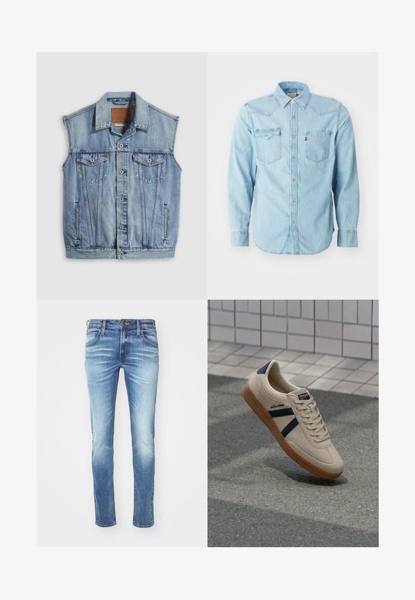 Chaleco vaquero en azul claro con cuello puntiagudo, cierre frontal con botones, dos bolsillos en el pecho y bolsillos laterales; cuenta con una etiqueta de cuero con la marca.; Camisa de denim azul clara de manga larga con cuello puntiagudo, dos bolsillos en el pecho, botones de presión plateados y costuras en contraste. Textura suave.; Jeans de mezclilla azul claro con un diseño descolorido, corte recto, estilo de cinco bolsillos, cierre de botón de metal y costura en contraste.; Zapatilla beige con acabado texturizado, rayas azul marino y suela de goma. Presenta una lengüeta acolchada y un sistema de cordones tradicional para un ajuste seguro.