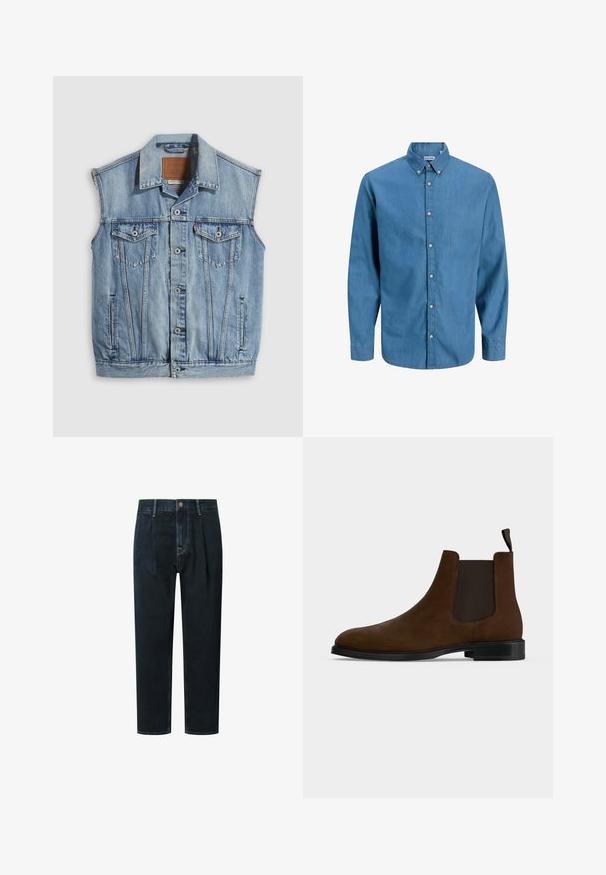 Denimvest i lyseblå med spidse krave, knapper foran, to brystlommer og sidelommer; har et lædermærke med mærket.; Blå skjorte med knapper, lavet af denim, med krave og lange ærmer. Ensartet tekstur med synlige knapper ned ad fronten.; Mørk denim bukser med løs pasform, der har høj talje, plisseringer, frontknaplukning og gyldne kontrastsyninger.; Brun ruskind Chelsea-støvle med sorte elastiske sidepaneler, sort gummisål og trækflig på bagsiden mod en ensfarvet hvid baggrund.