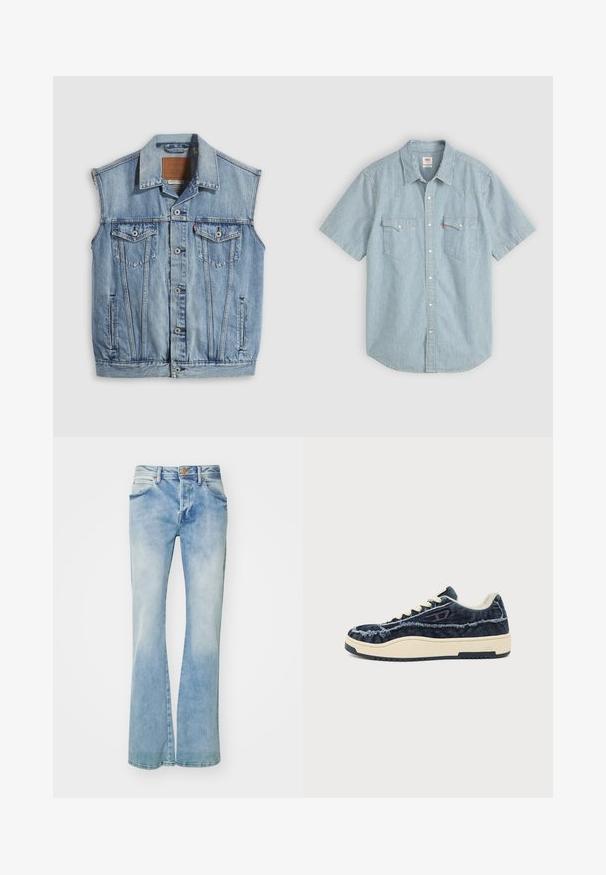 Veste en jean bleu clair avec col pointu, fermeture avant par boutons, deux poches poitrine et poches latérales ; comporte un écusson de marque en cuir.; Chemise à manches courtes bleu clair à rayures blanches, dotée d'un col traditionnel, de deux poches poitrine et d'une fermeture à boutons. Matière coton.; Jean flare bleu clair en denim, présentant un délavage, des poches avant, des passants de ceinture et une fermeture à bouton en cuivre.; Basket basse en tissu denim bleu foncé, semelle blanche, lacets blancs et bords effilochés le long des coutures, vue de côté sur fond blanc.