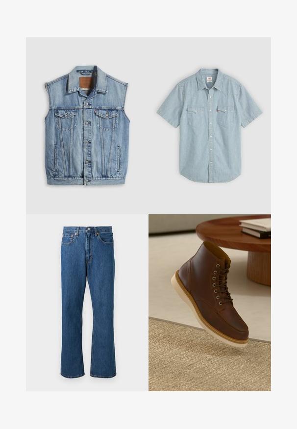 Denimvest in lichtblauw met een puntige kraag, knoopsluiting aan de voorkant, twee borstzakken en zijzakken; voorzien van een lederen merkpatch.; Korte mouwen shirt in lichtblauw met witte strepen, voorzien van een traditionele kraag, twee borstzakken en knoopsluiting. Gemaakt van katoen.; Blauwe rechttoe rechtaan denim jeans met voorzijde knoop en rits, vijf zakken en oranje stiksel details op een effen achtergrond.; Bruine leren enkelboot met beige zool op een gestructureerd beige vloerkleed naast een ronde houten tafel met opgestapelde boeken.