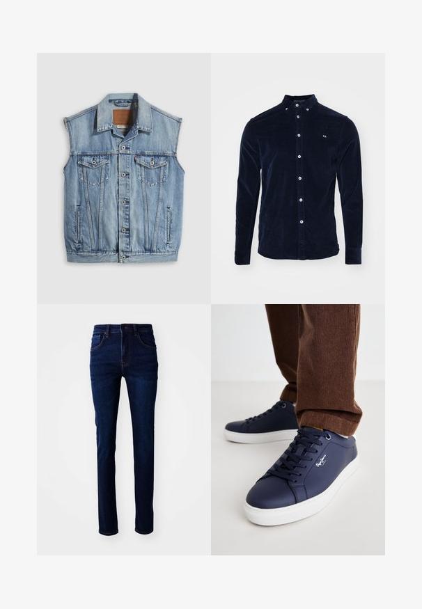 Denimvest i lyseblå med spidse krave, knapper foran, to brystlommer og sidelommer; har et lædermærke med mærket.; Mørkeblå kordfløjls skjorte med knap-eller, frontknapper, lange ærmer og et lille broderet logo på brystet.; Mørkeblå denimjeans med lige pasform, fem-lomme design og diskret syning. Stoffet har en glat tekstur.; Marinlæder sneakers med hvid gummisål, rund tå og minimalistisk design. Har snørret front og diskret branding på siden.