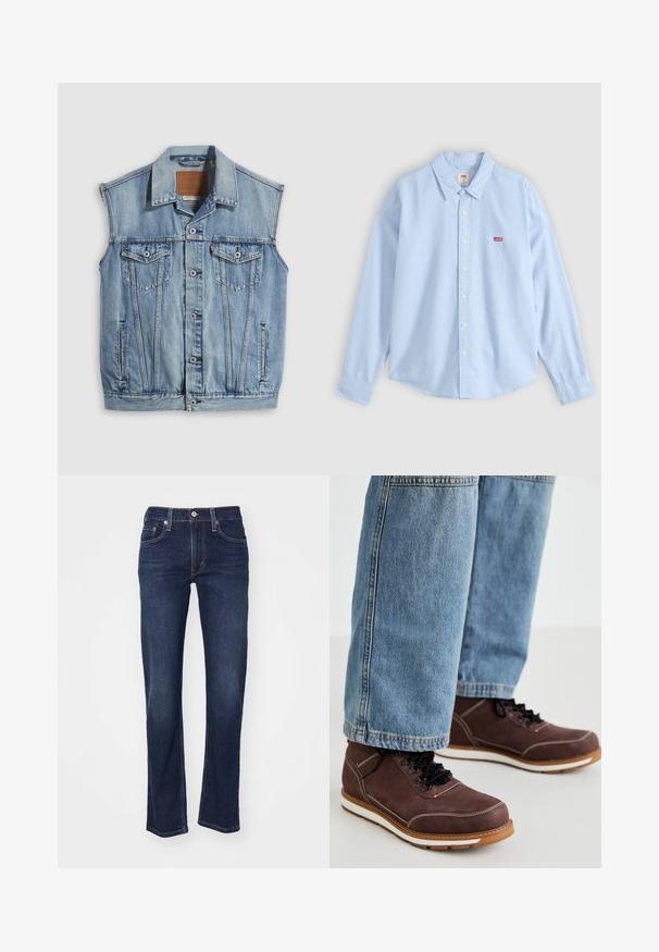 Denimvest i lyseblå med spidse krave, knapper foran, to brystlommer og sidelommer; har et lædermærke med mærket.; Lyseblå skjorte med lange ærmer, knapper og krave, med rødt Levi's-logo på venstre brystlomme, lagt fladt på en grå baggrund.; Mørkeblå denim jeans med lige benudskæring, der har et traditionelt fem-lomme design og syede detaljer ved sømmene.; Brune lædersko med sorte snørebånd, hvid syning og gummisål. Bæres sammen med lyseblå denim jeans i en let løs pasform.