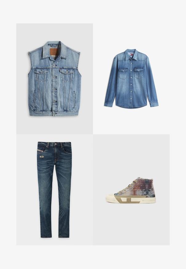 Denimvest i lyseblå med spidse krave, knapper foran, to brystlommer og sidelommer; har et lædermærke med mærket.; Lyseblå denimskjorte med lange ærmer, knaplukning foran, spids krave og to brystlommer med knapklapper.; Mørkeblå denimjeans med en let slidt finish, prydet med en slidtage detalje foran og fem lommer, herunder en lille møntlomme.; Høje sneakers med en multifarvet lærredsoverdel med falmede mønstre, beige sål og minimalistisk design. Eksponeret syning og detaljer.