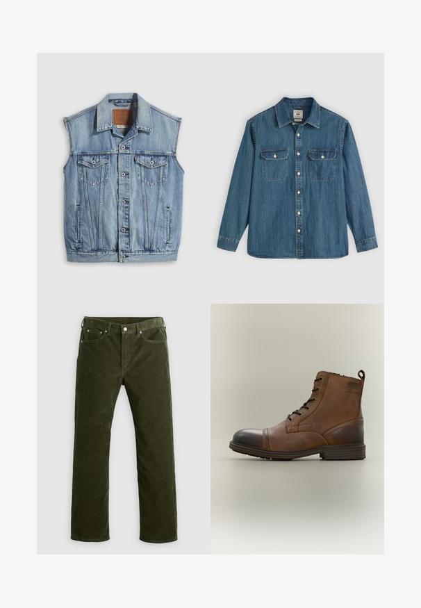 Denimvest in lichtblauw met een puntige kraag, knoopsluiting aan de voorkant, twee borstzakken en zijzakken; voorzien van een lederen merkpatch.; Blauw denim overhemd met lange mouwen, knoopsluiting aan de voorkant, twee borstzakken en een kraag. Voorzien van stikdetails en een comfortabele, losse pasvorm.; Olijfgroene corduroy rechte pijpen broek met voorknop, ritssluiting, riemlussen en vijf-vakken ontwerp op een witte achtergrond.; Bruine leren enkellaars met veters, zwarte neuskap, ronde zool en merkdetail aan de zijkant tegen een effen achtergrond.