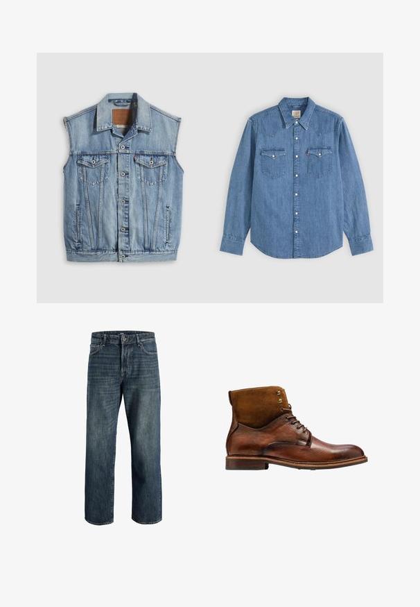 Veste en jean bleu clair avec col pointu, fermeture avant par boutons, deux poches poitrine et poches latérales ; comporte un écusson de marque en cuir.; Chemise en denim bleu à manches longues avec col pointu, devant boutonné et deux poches poitrine avec rabats à boutons sur fond uni.; Jeans en denim bleu foncé avec une coupe ample, présentant un design à cinq poches, fermeture à bouton et à zip, et des détails de couture visibles.; Kazar ALID - Bottines à lacets - brown