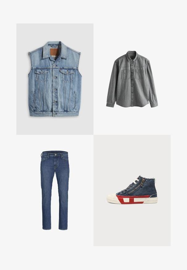 Denimvest in lichtblauw met een puntige kraag, knoopsluiting aan de voorkant, twee borstzakken en zijzakken; voorzien van een lederen merkpatch.; Grijs denim overhemd met lange mouwen, knoopsluiting aan de voorkant en twee borstzakken, plat afgebeeld tegen een witte achtergrond.; Blauwe denim jeans voor heren met een recht model, vijf-pocketstijl en een klassieke knoop- en ritssluiting.; High-top sneaker met blauwe denimstof, witte veters, zijrits en rood-wit zoolontwerp op een effen achtergrond.