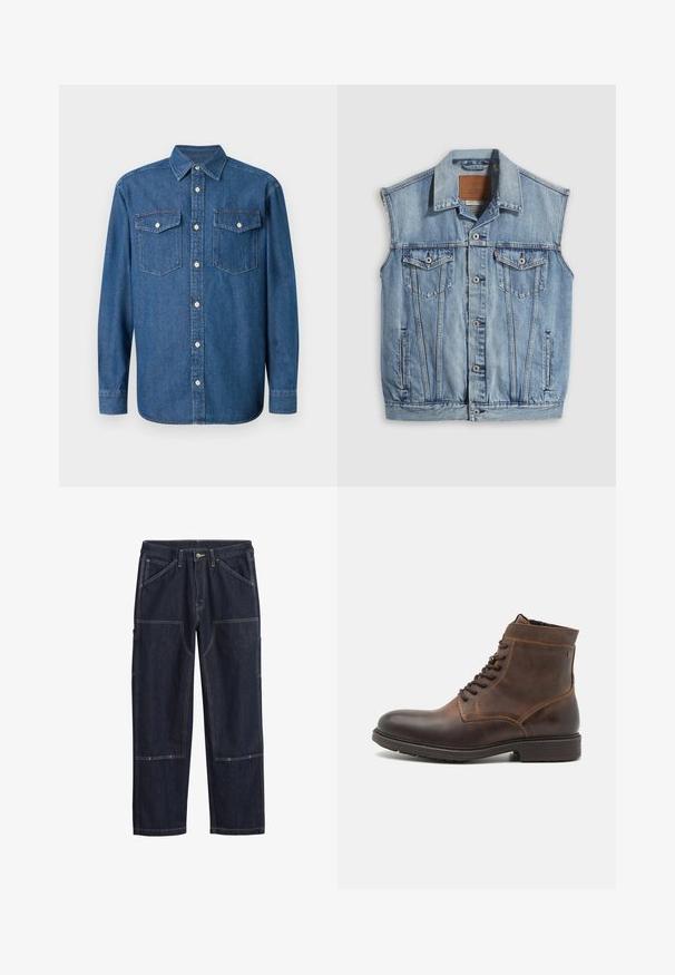 Denimvest in lichtblauw met een puntige kraag, knoopsluiting aan de voorkant, twee borstzakken en zijzakken; voorzien van een lederen merkpatch.; Denim overhemden met knopen in donkerblauw met een puntkraag, twee borstzakken en knoopsluiting. Heeft lange mouwen en een reguliere pasvorm.; Donkerblauwe spijkerbroek met dubbele stiksels, een knoop aan de voorkant, riemlussen en meerdere versterkte opgestikte zakken op de benen.; Jack & Jones JFWDELANEY BOOT - Veterboots - cognac