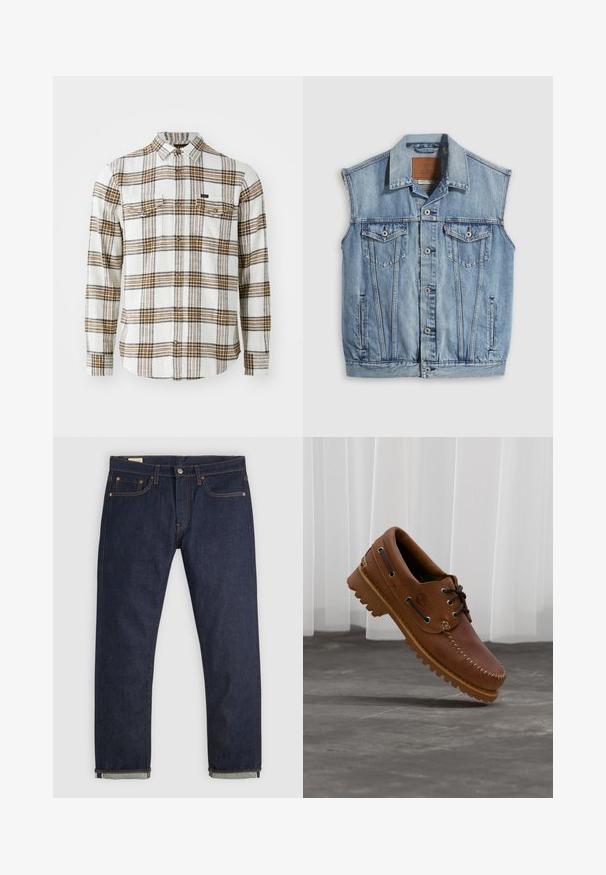 Denimvest in lichtblauw met een puntige kraag, knoopsluiting aan de voorkant, twee borstzakken en zijzakken; voorzien van een lederen merkpatch.; Lee CLEAN WESTERN - Overhemd - ecru ochre plaid; Donkerblauwe spijkerbroek met rechte pijpen, omgeslagen boorden, vijfzakkenontwerp, koperen klinknagels en knoopsluiting op een effen achtergrond.; Bruine leren bootschoen met zwarte veters, beige stiksel en een robuuste zool, zwevend boven een grijze betonnen vloer.