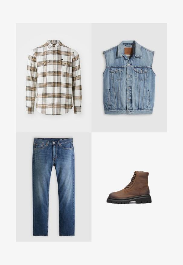 Chaleco vaquero en azul claro con cuello puntiagudo, cierre frontal con botones, dos bolsillos en el pecho y bolsillos laterales; cuenta con una etiqueta de cuero con la marca.; Lee CLEAN WESTERN - Camisa - ecru ochre plaid; Vaqueros de mezclilla azul con piernas rectas, estilo de cinco bolsillos, cierre de botón y cremallera, y un sutil desgaste en las áreas frontales de los muslos.; Bota de tobillo de cuero marrón con punta redondeada, parte delantera con cordones, ojetes de metal y suela de goma negra gruesa con patrón de tracción.