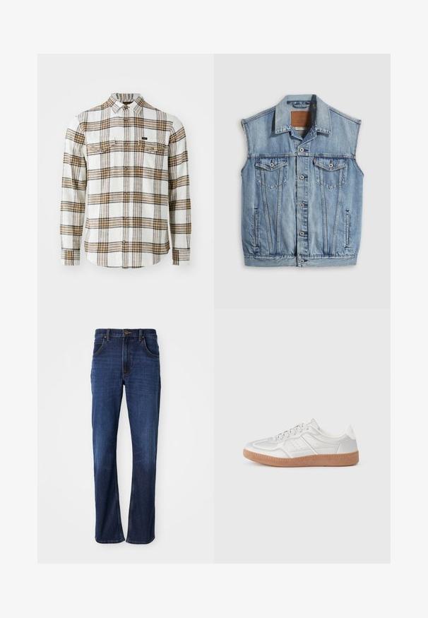 Jeansweste in Hellblau mit spitzem Kragen, vorderer Knopfleiste, zwei Brusttaschen und Seitentaschen; mit Leder-Branding-Patch versehen.; Lee CLEAN WESTERN - Hemd - ecru ochre plaid; Dunkelblaue Jeans mit geradem Bein, fünf Taschen und sichtbaren Nähten. Der Stoff hat eine glatte Textur und leichte Ausbleichungen.; Silberne Sneakers mit glatter Textur, Schnürdesign, durchbrochenen Akzenten und einer strukturierten braunen Gummisohle.