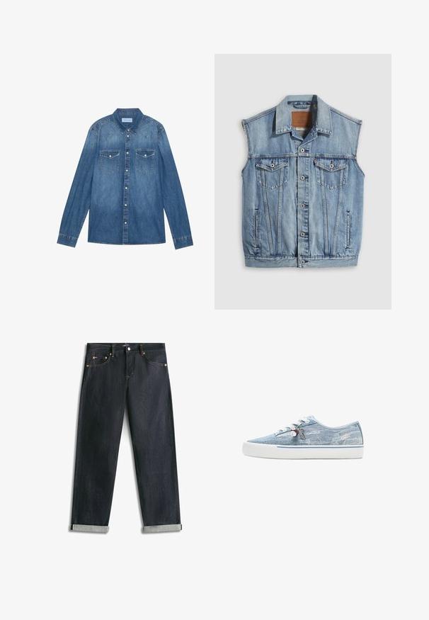 Denimvest i lyseblå med spidse krave, knapper foran, to brystlommer og sidelommer; har et lædermærke med mærket.; Mørkeblå denimskjorte med lange ærmer, klassisk krave, knaplukning fortil, to brystlommer og kontrasterende stiklinger på sømmene.; Mørkeblå denimjeans med opsmøgede bukseben, fem lommer og kontrastsyning, lagt fladt på en hvid baggrund.; Lavtopet sneaker i lyseblåt denim med hvid gummisål, hvide snørebånd og dekorative charms, der hænger fra de sideplacerede snørehuller.