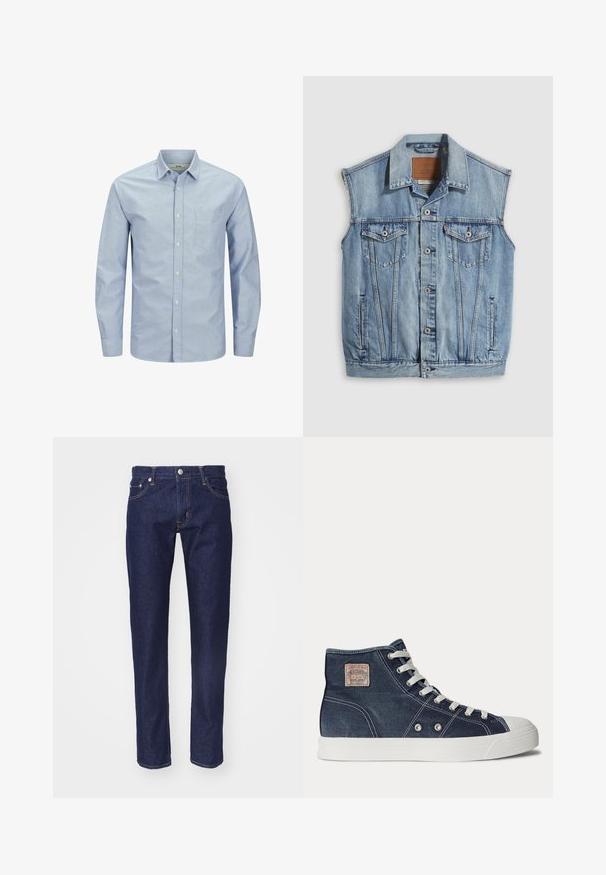 Chaleco vaquero en azul claro con cuello puntiagudo, cierre frontal con botones, dos bolsillos en el pecho y bolsillos laterales; cuenta con una etiqueta de cuero con la marca.; Camisa de botones de manga larga azul claro con un bolsillo en el pecho izquierdo. Hecha de una tela suave con una textura lisa y un sutil detalle de logo.; Vaqueros de denim azul marino con corte recto, diseño de cinco bolsillos, costuras en naranja contrastante y un cierre de botón plateado en la cintura.; Zapatilla deportiva de caña alta azul marino con cordones blancos, suela de goma blanca, ojales metálicos y una pequeña etiqueta de marca beige en la zona del tobillo.