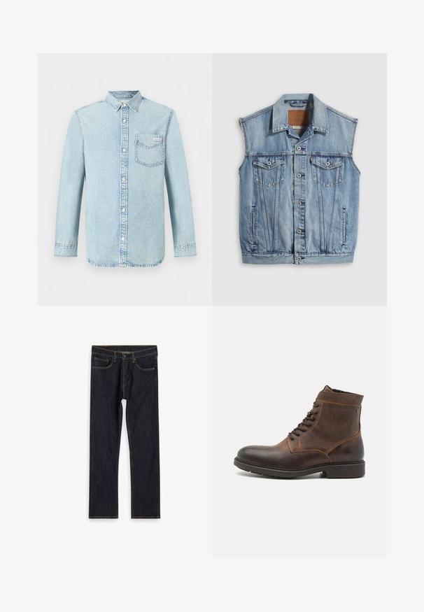 Veste en jean bleu clair avec col pointu, fermeture avant par boutons, deux poches poitrine et poches latérales ; comporte un écusson de marque en cuir.; Chemise en denim bleu clair à manches longues, fermeture boutonnée devant, une poche poitrine simple avec le logo Calvin Klein, et un col pointu.; Jean droit en denim bleu foncé avec poches avant, passants de ceinture et coutures orange contrastées, posé à plat sur un fond blanc.; Jack & Jones JFWDELANEY BOOT - Bottines à lacets - cognac