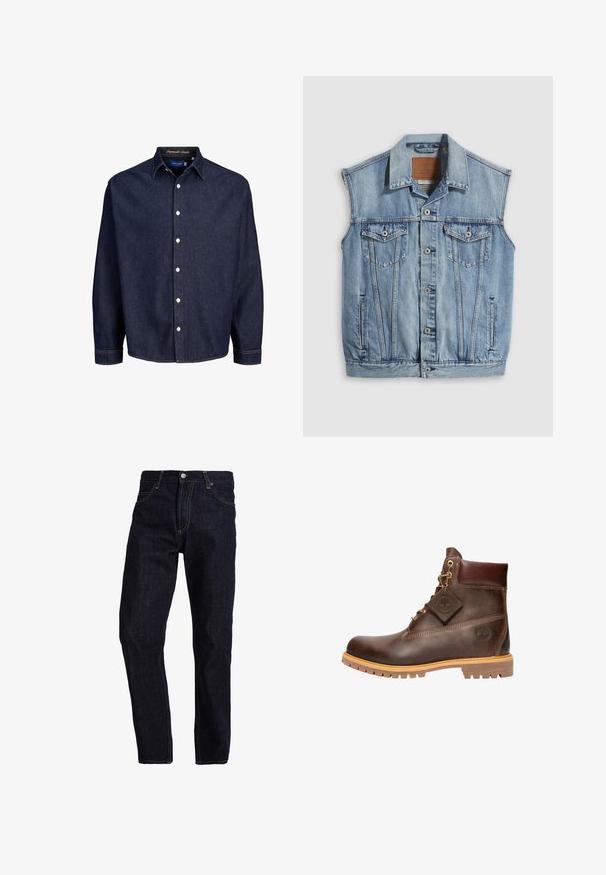 Jeansweste in Hellblau mit spitzem Kragen, vorderer Knopfleiste, zwei Brusttaschen und Seitentaschen; mit Leder-Branding-Patch versehen.; Dunkelblaune Jeanshemd mit Knopfleiste, langen Ärmeln und klassischem Kragen, mit weißen Knöpfen und kontrastierenden Nähten.; Dunkelblaue Jeans aus Denim mit geradem Schnitt, ausgestattet mit gelben Nähten, fünf Taschen und einem klassischen Knopf- und Reißverschluss.; Braune Leder-Ankelstiefel mit runder Zehenpartie, robuster Sohle, goldfarbener Hardware und strukturiertem Obermaterial. Enthält ein angehängtes Logo-Tag.