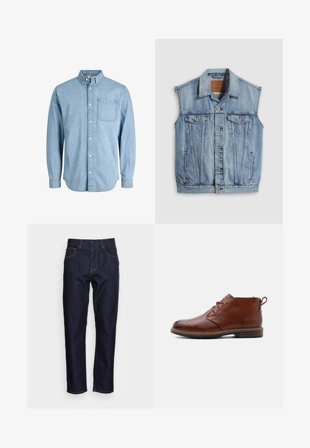 Veste en jean bleu clair avec col pointu, fermeture avant par boutons, deux poches poitrine et poches latérales ; comporte un écusson de marque en cuir.; Chemise en denim bleu clair à boutons, manches longues, col, poche avant et texture subtile. Présente des boutons blancs le long de la patte de boutonnage.; Jeans en denim bleu foncé avec une coupe droite, cinq poches et des coutures jaunes contrastées. Conçus avec une fermeture classique à bouton et à glissière.; Bottine en cuir marron avec laçage à l'avant, talon bas et languette à l'arrière, vue de profil côté extérieur sur un fond uni.