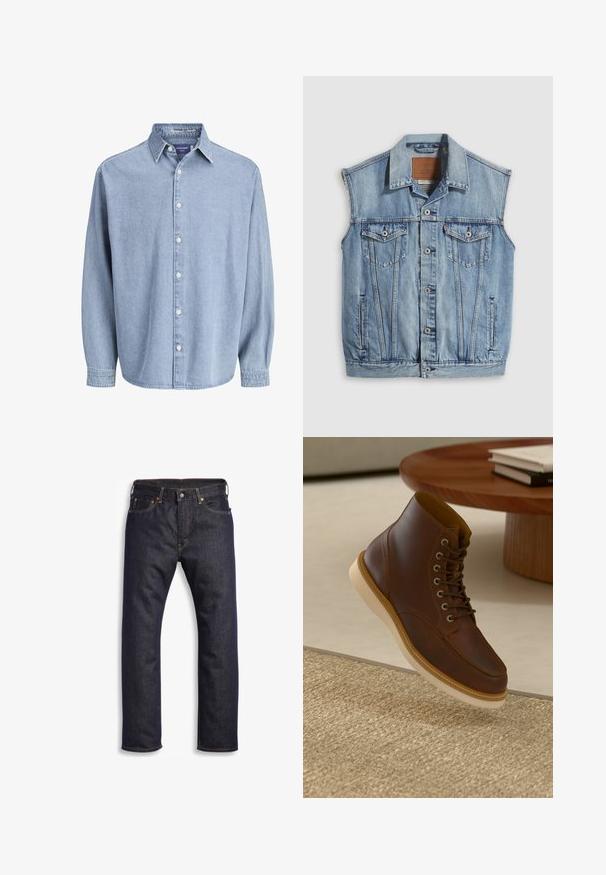 Chaleco vaquero en azul claro con cuello puntiagudo, cierre frontal con botones, dos bolsillos en el pecho y bolsillos laterales; cuenta con una etiqueta de cuero con la marca.; Camisa de mezclilla de manga larga color azul claro con cuello y botones blancos, presentada sobre un fondo blanco liso.; Vaqueros de denim azul oscuro con corte recto, diseño de cinco bolsillos, herrajes metálicos y costuras naranjas contrastantes. Textura suave, sin patrones visibles.; Botín de cuero marrón con suela beige sobre una alfombra beige texturizada al lado de una mesa redonda de madera con libros apilados.